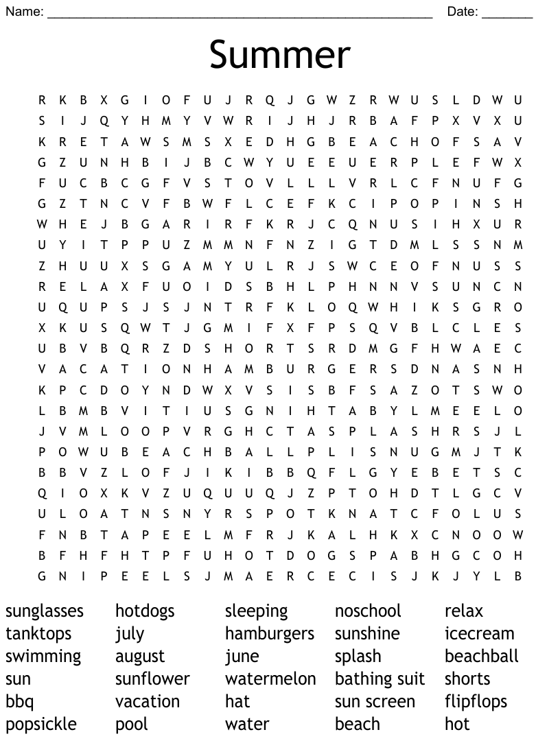 100 Summer Vacation Words Word Search