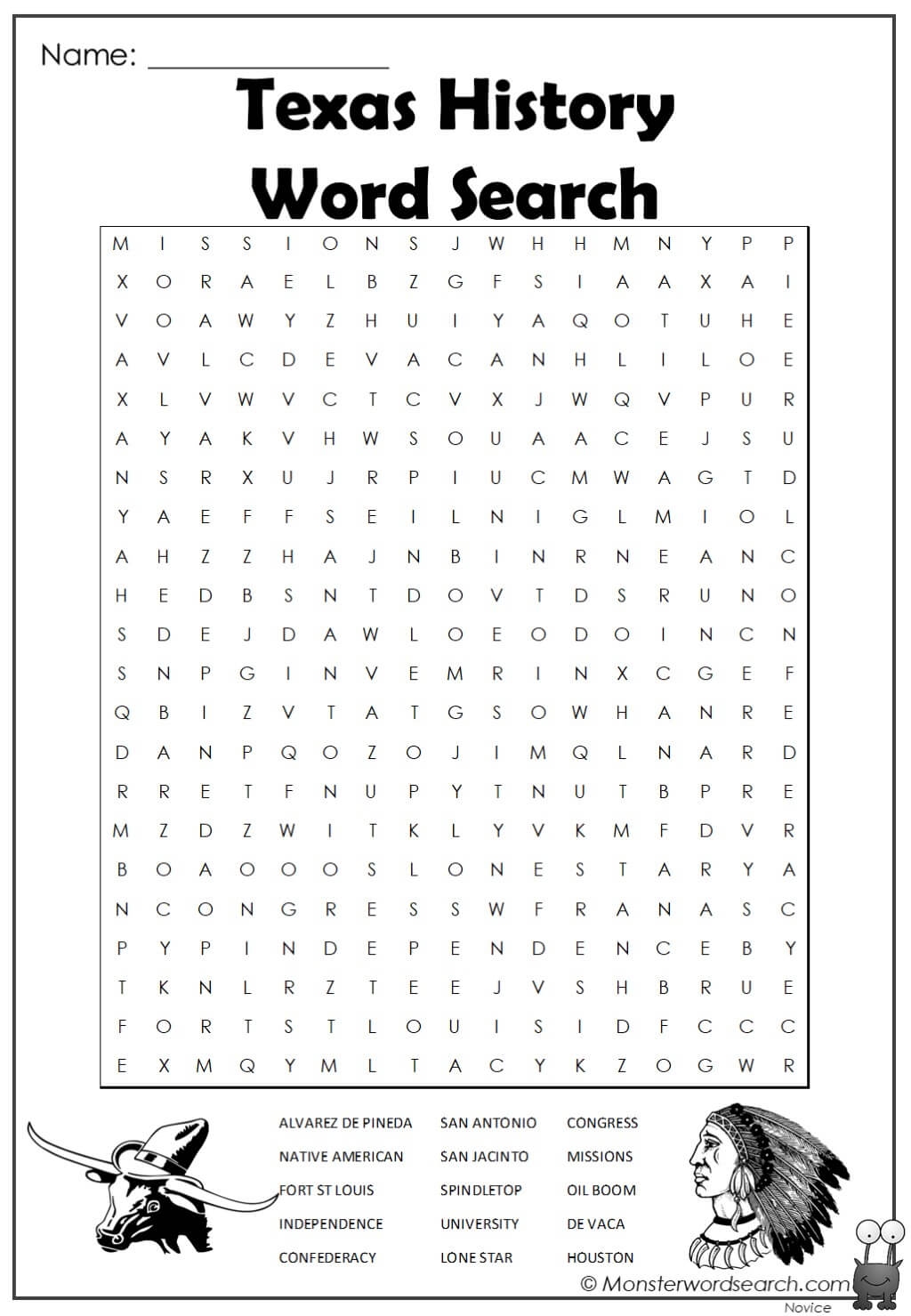 Texas History Word Search Monster Word Search