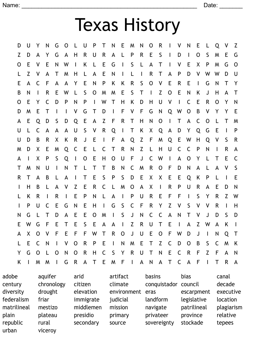 Texas History Word Search WordMint