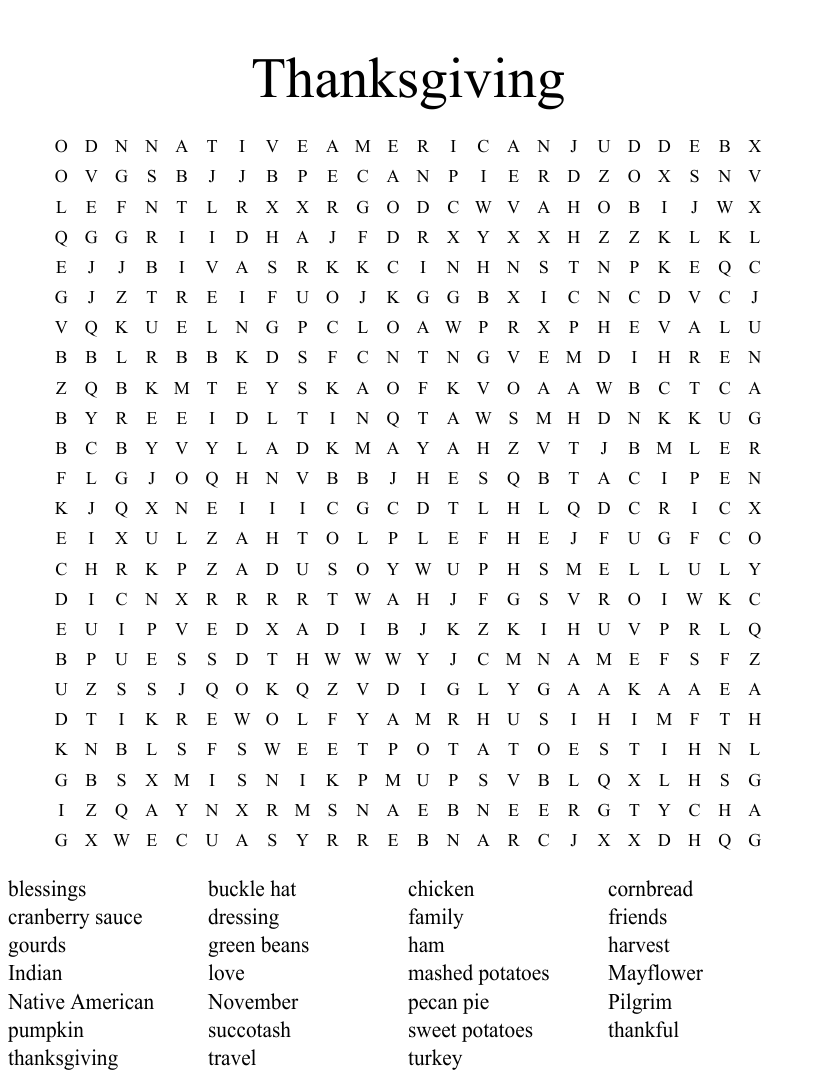 Thanksgiving Word Search WordMint