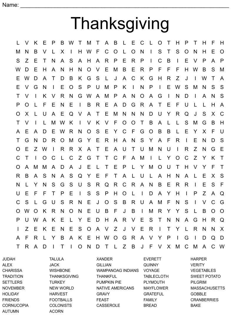 Thanksgiving Word Search Answers Key
