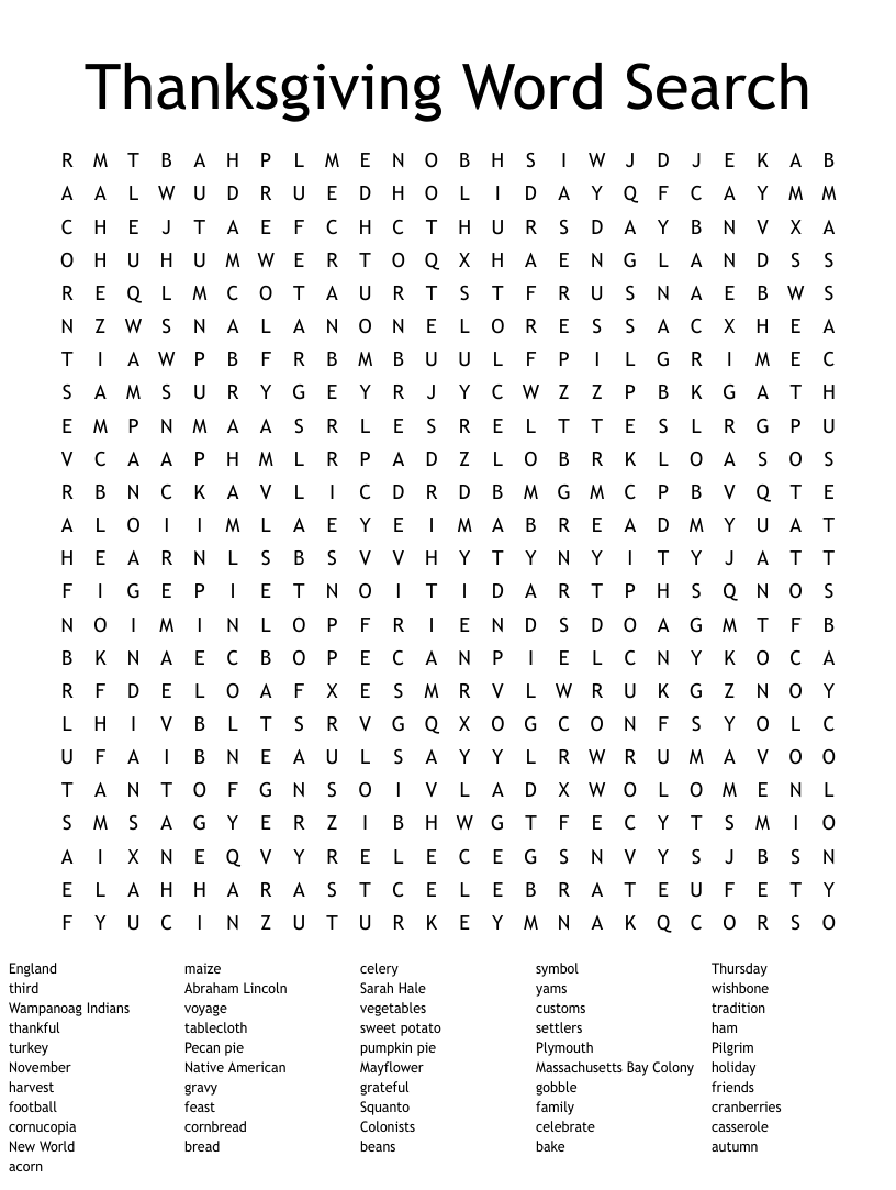 Thanksgiving Day Word Search Answer Key