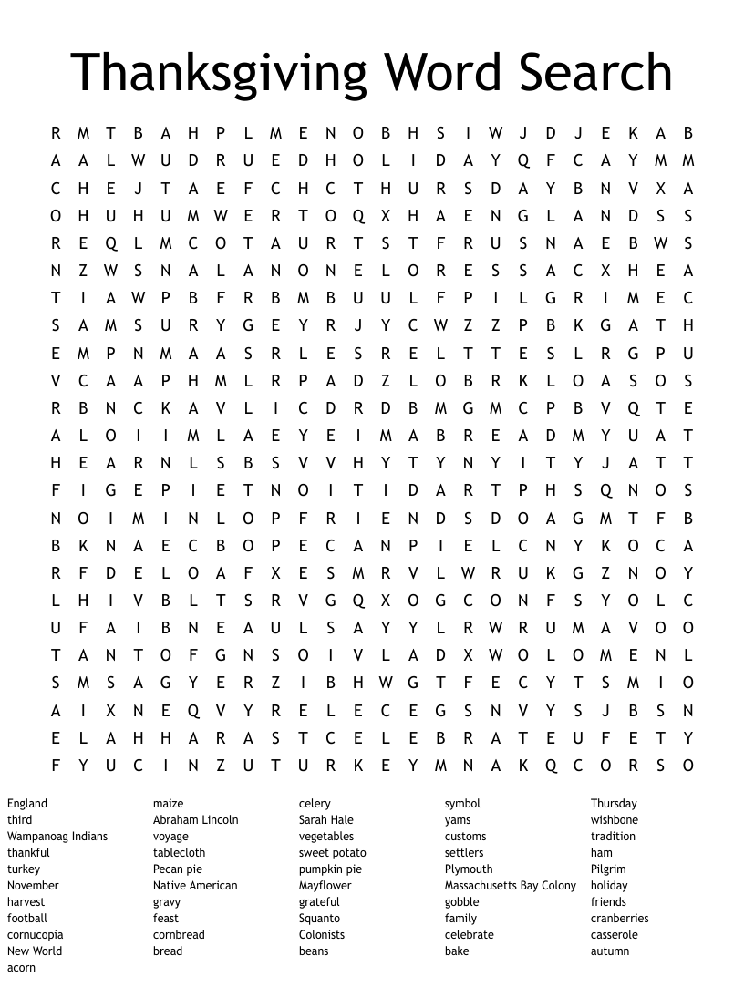 Thanksgiving Word Search WordMint