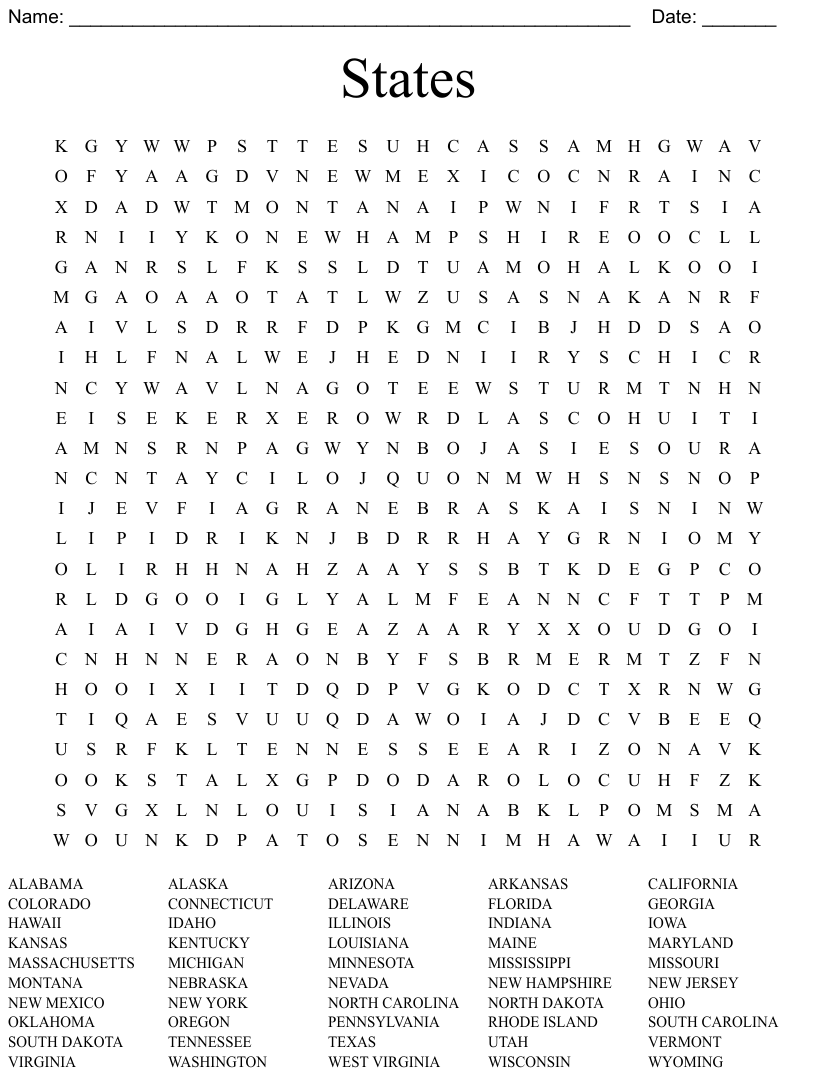 Printable 50 States Word Search