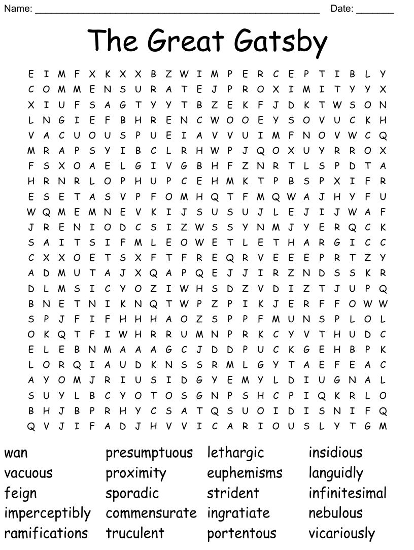 The Great Gatsby Word Search 1 Answer Key