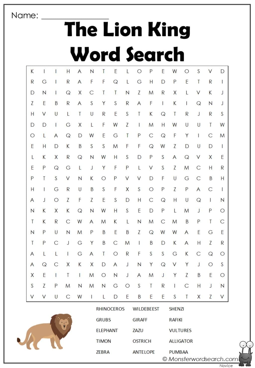 The Lion King Word Search Monster Word Search