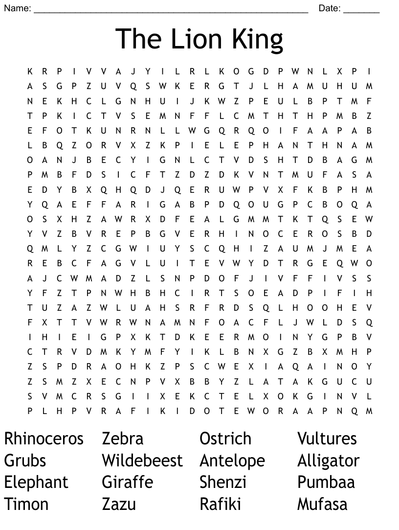 The Lion King Word Search WordMint