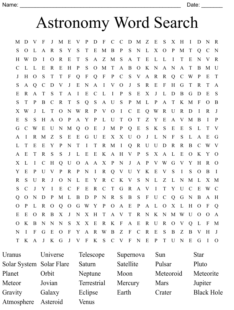 The Solar System Word Search Answer Key