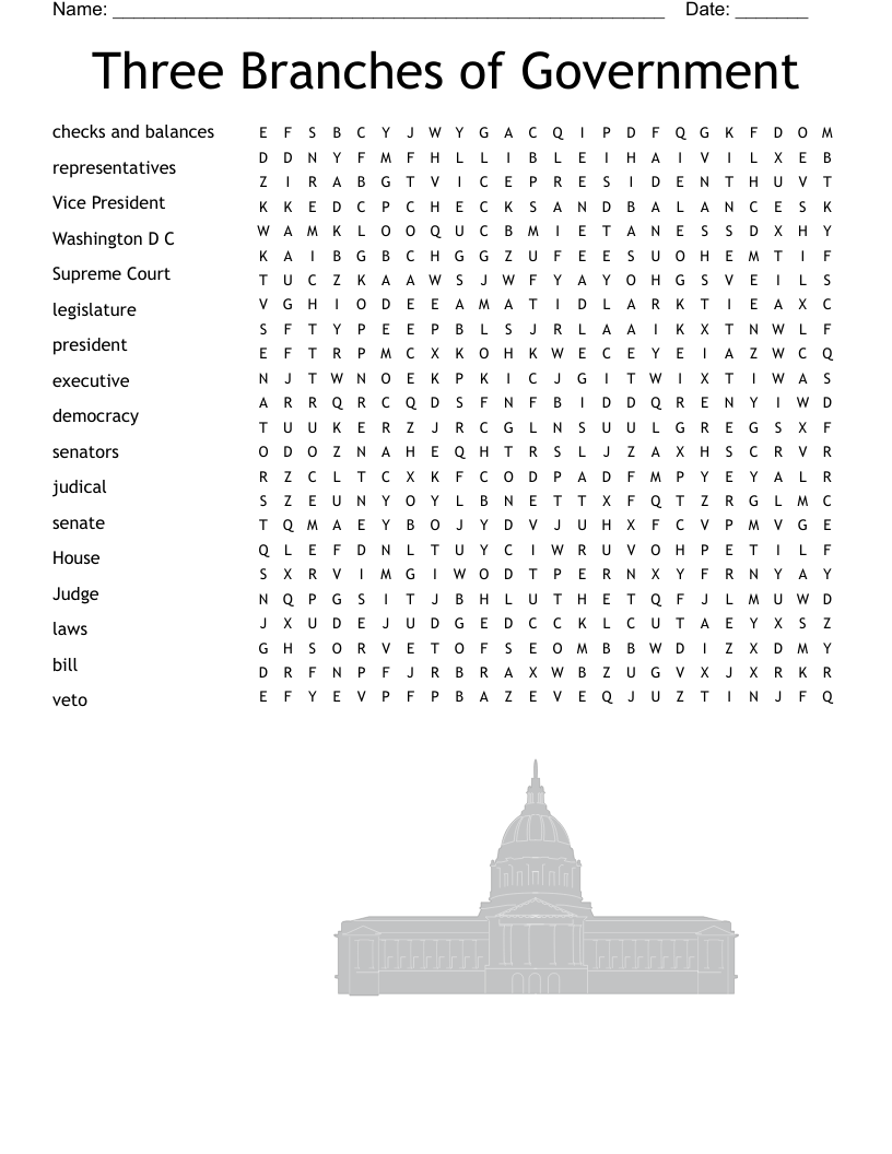 3 Branches Of Government Word Search