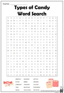 Types Of Candy Word Search Monster Word Search