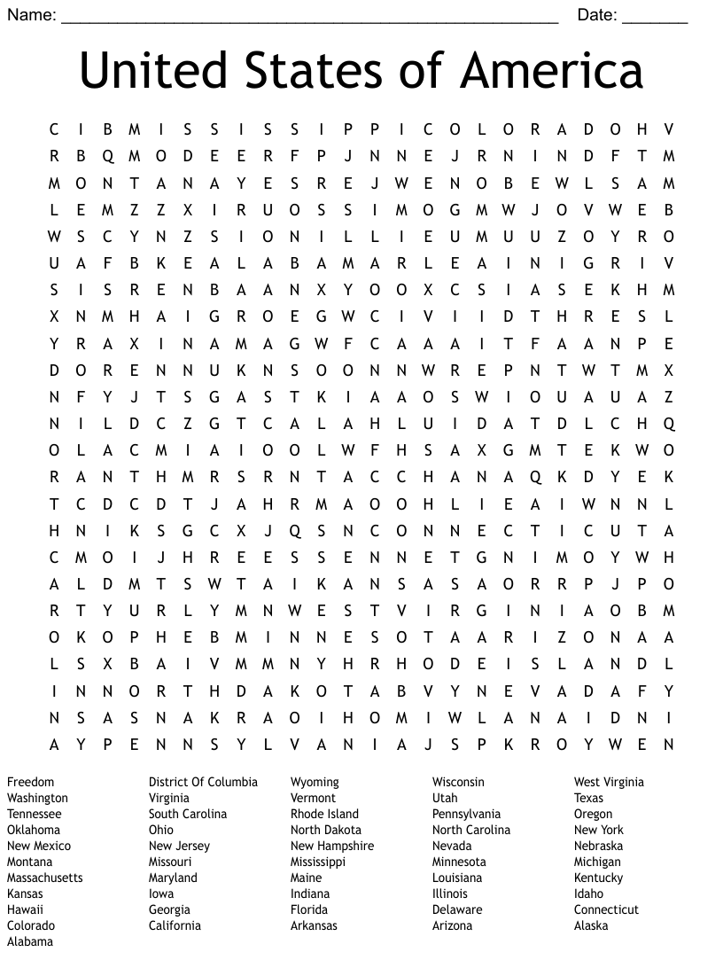 United States Of America Word Search WordMint