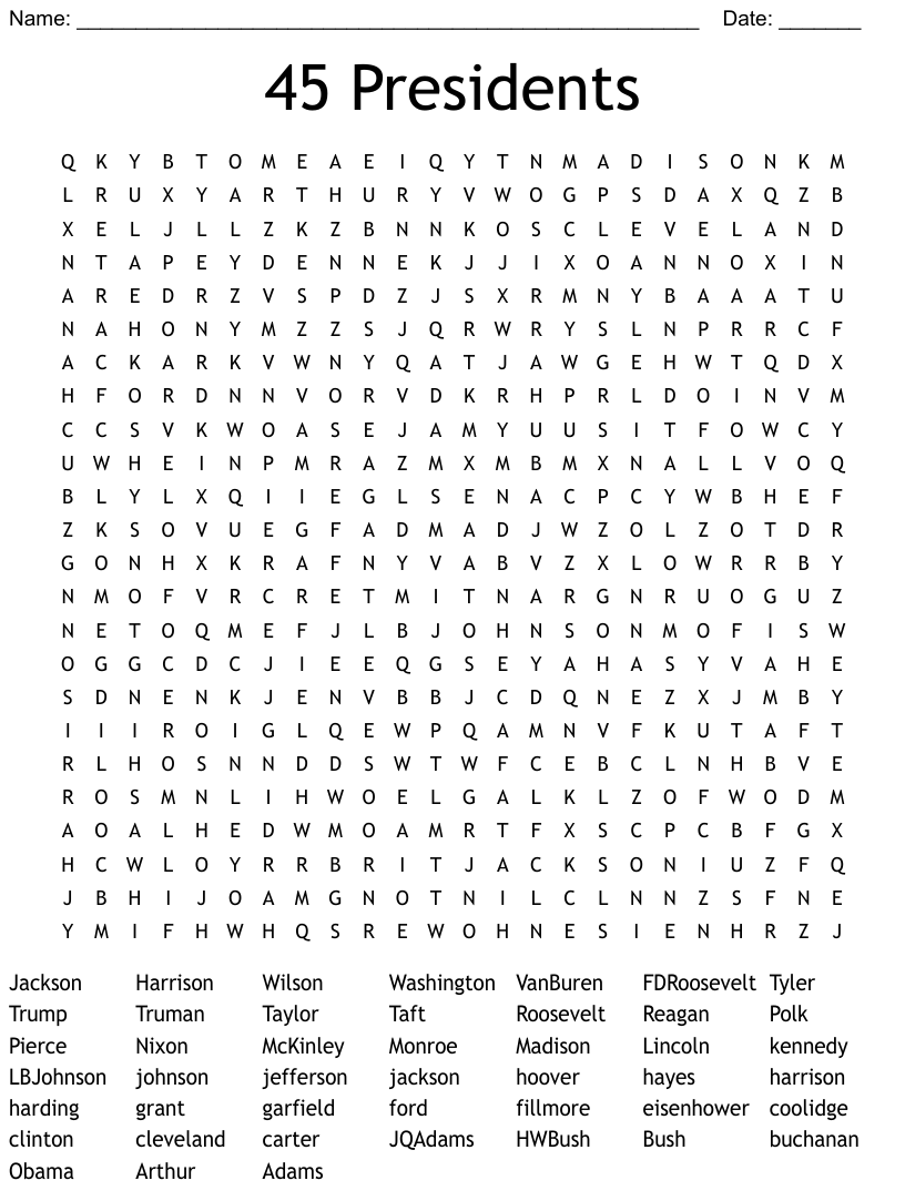 US Presidents Word Search WordMint