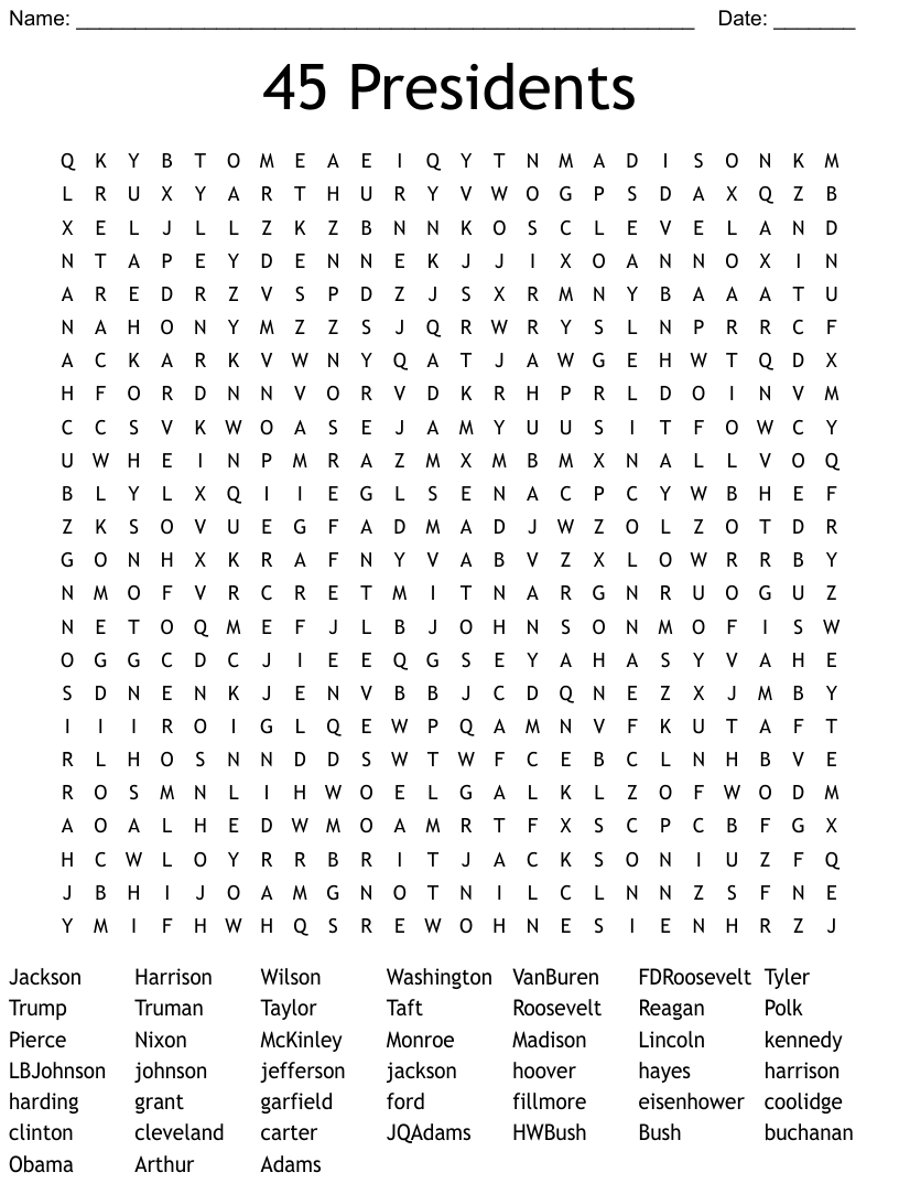 Us Presidents Word Search - Word Search Printable