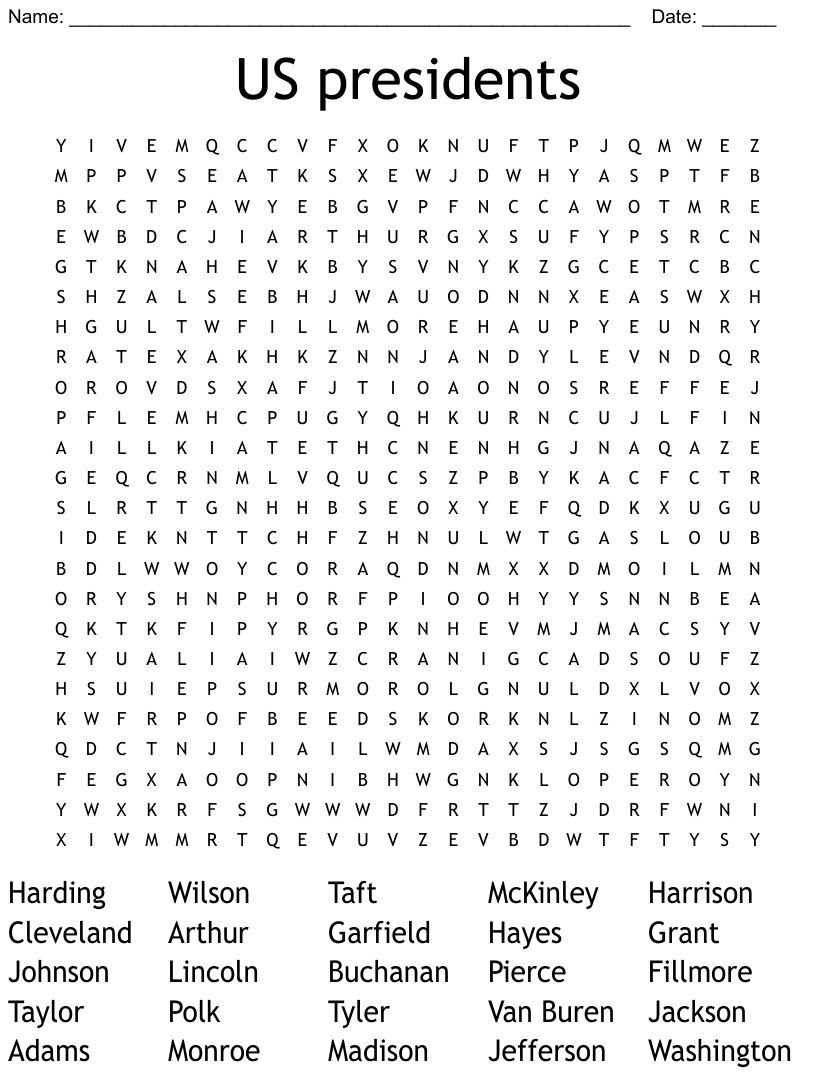 Us Presidents Word Search
