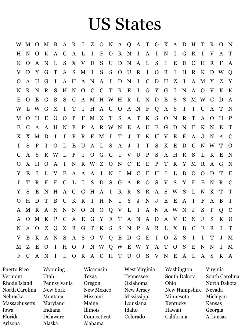 US States Word Search WordMint