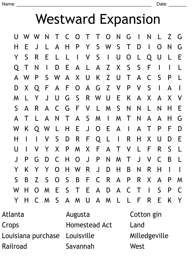 Westward Expansion Word Search Puzzle Answer Key