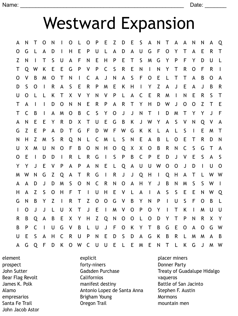 Westward Expansion Word Search WordMint