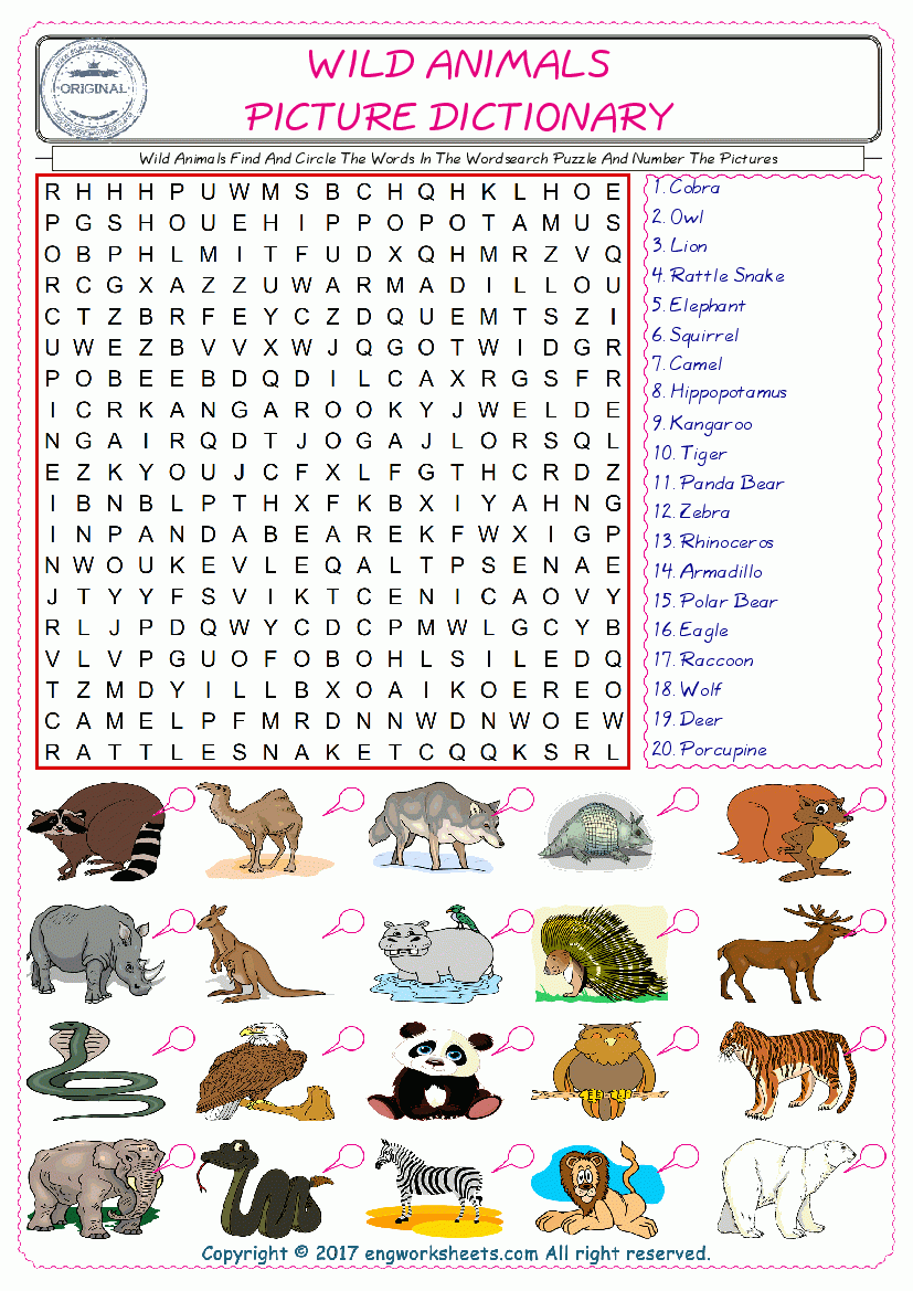 Wild Animals Word Search Printable