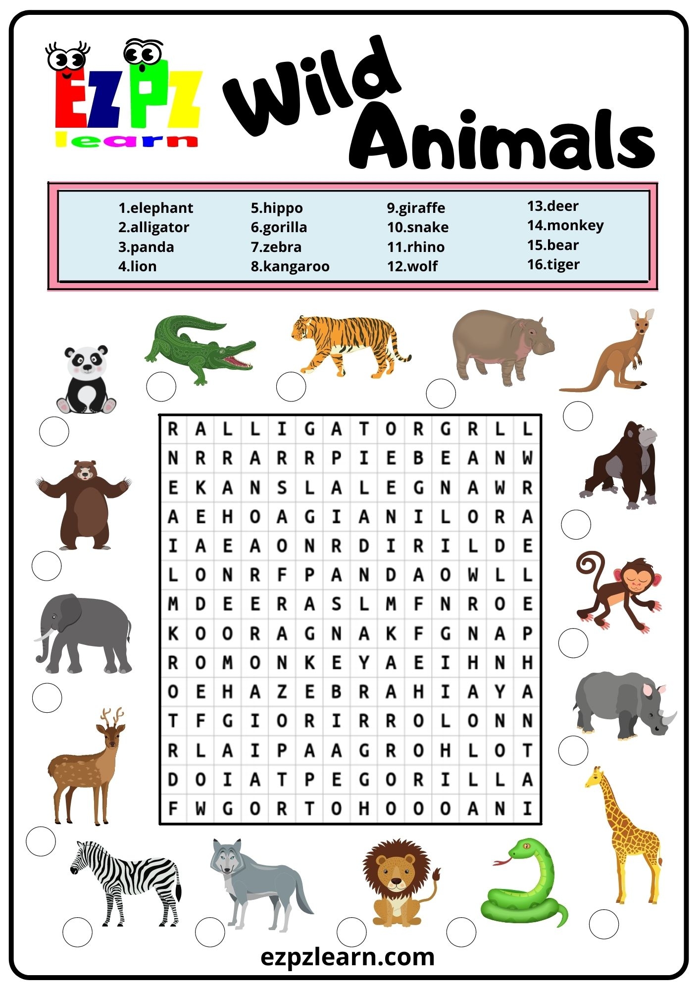 Wild Animals Word Search 2 Ezpzlearn