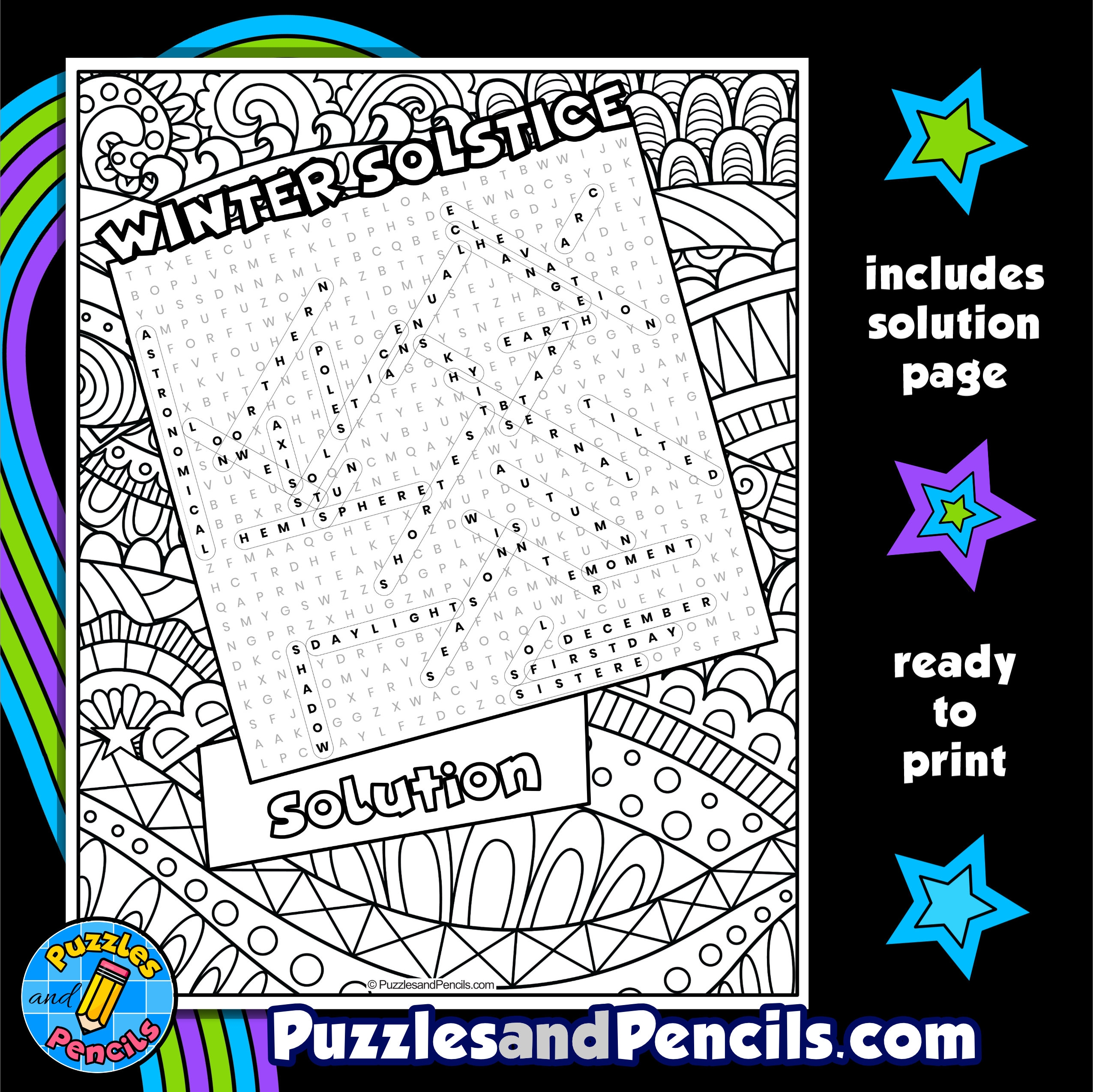 Winter Solstice Word Search Puzzle Activity Page With Coloring Made By Teachers