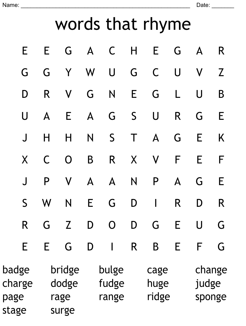 Words That Rhyme Word Search WordMint